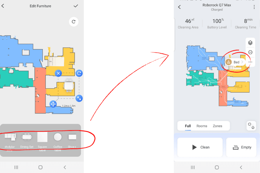 Размещение кровати на карте Roborock Q7 Max.
